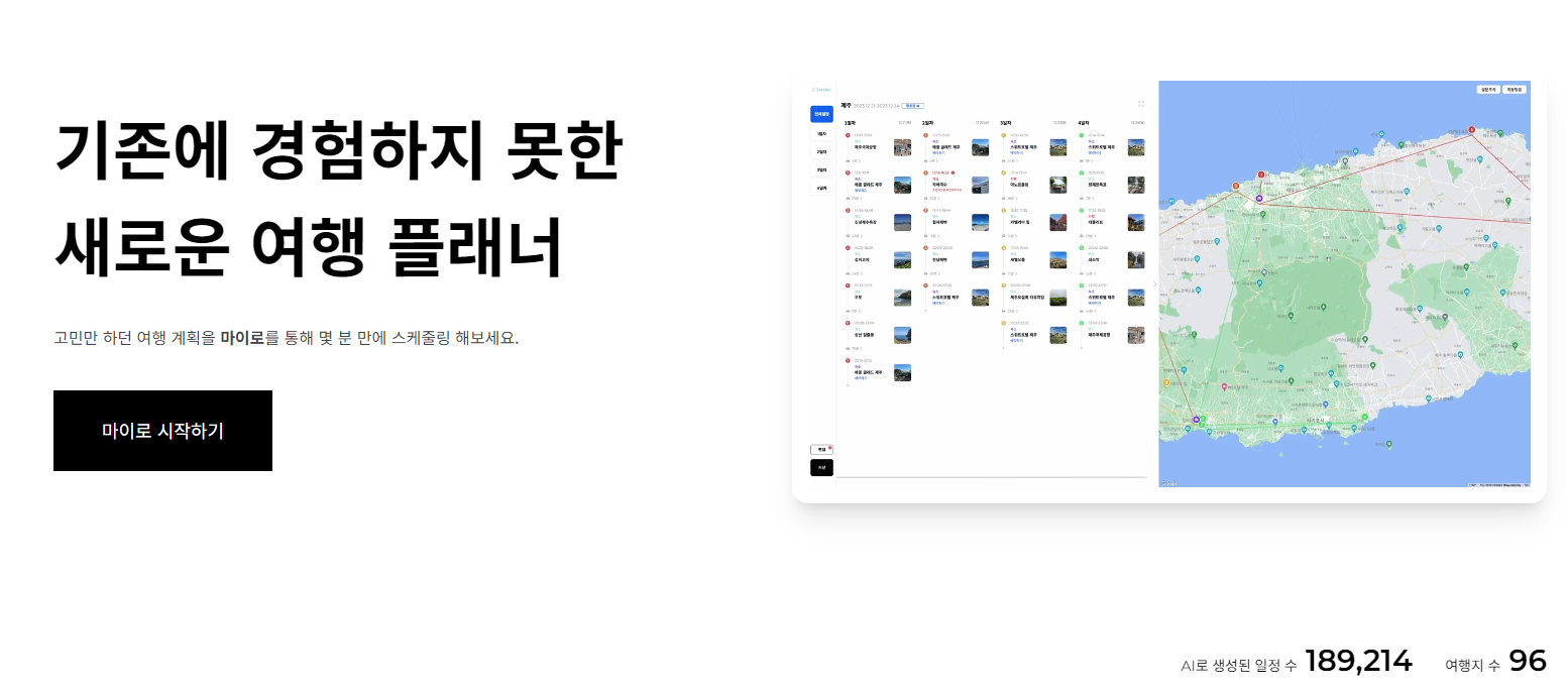 MYRO 홈 화면: 새로운 여행 플래너 소개 문구와 제주 일정·지도 화면
