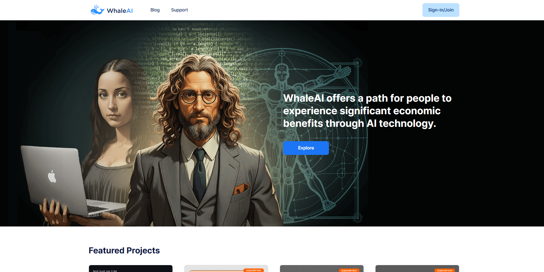 WhaleAI 홈 화면: 소개 문구와 Explore 버튼, Featured Projects 목록